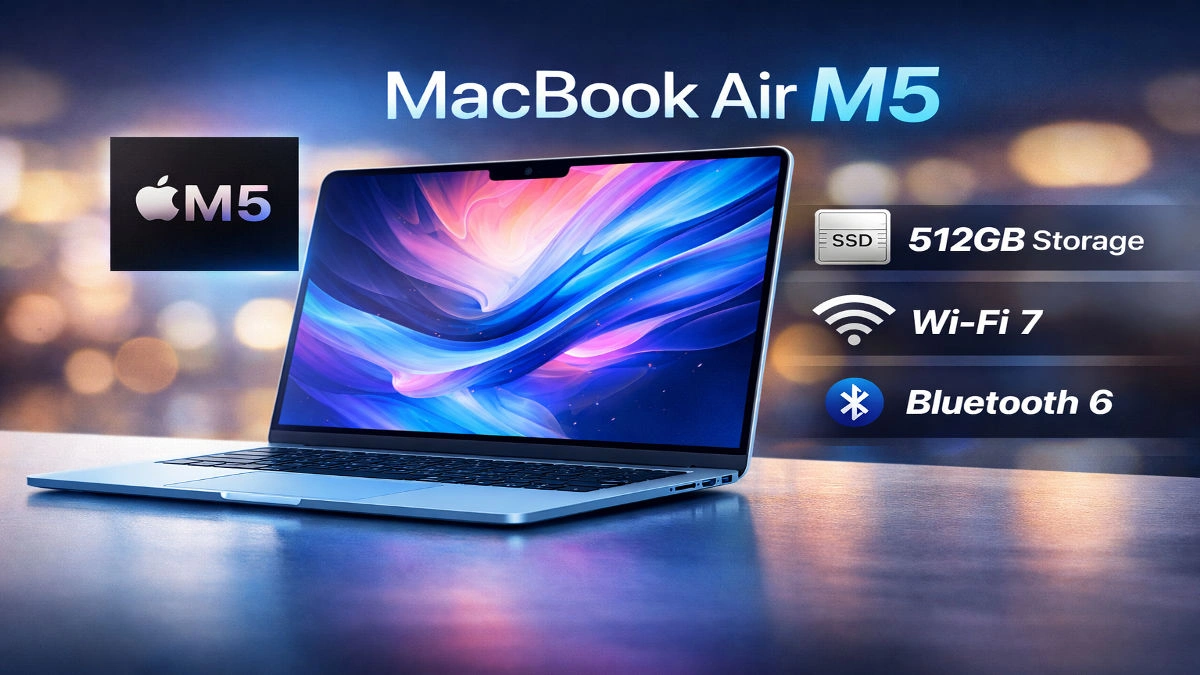 Apple MacBook Air with M5 chip in Sky Blue color showing Liquid Retina display