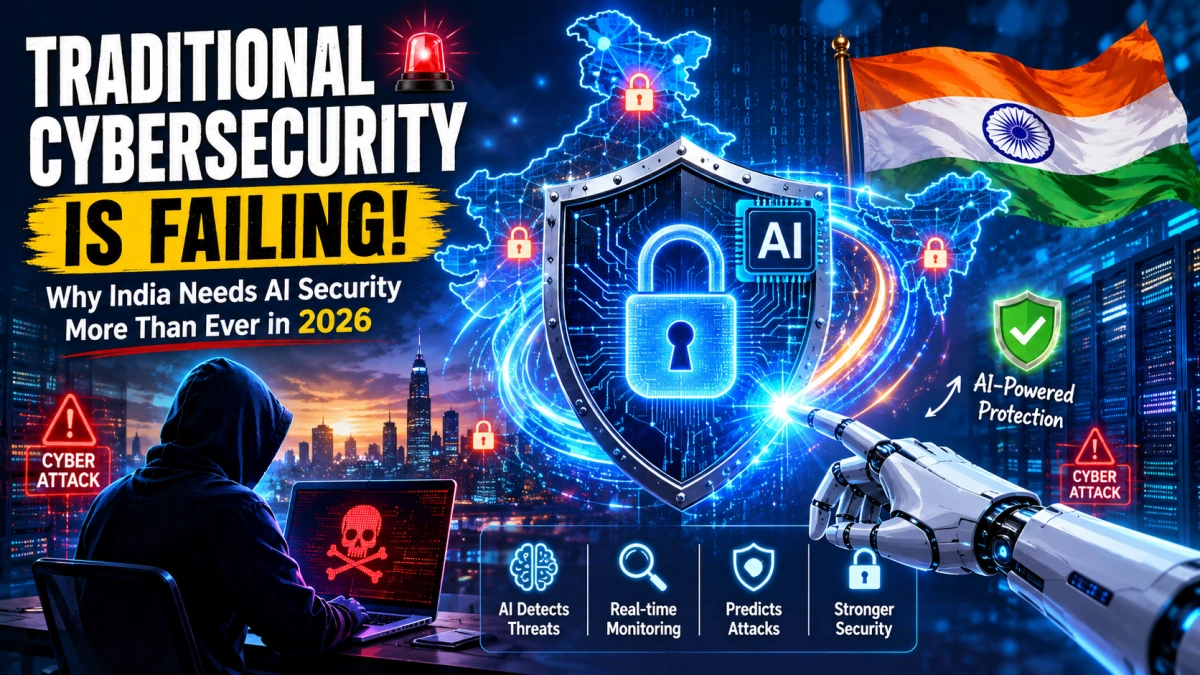 AI-powered cybersecurity protection concept showing digital security, hacker threats, and India technology network