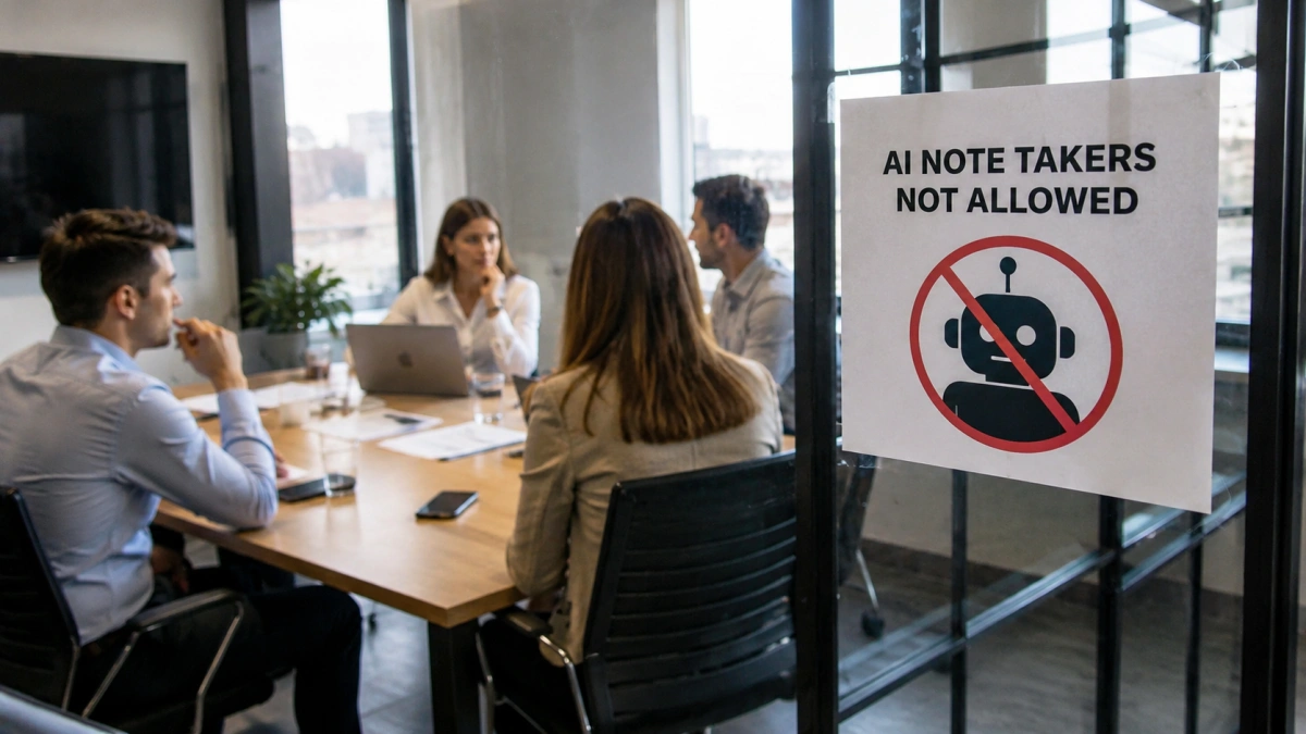 Office meeting with AI note taker ban sign and business team discussing workplace privacy
