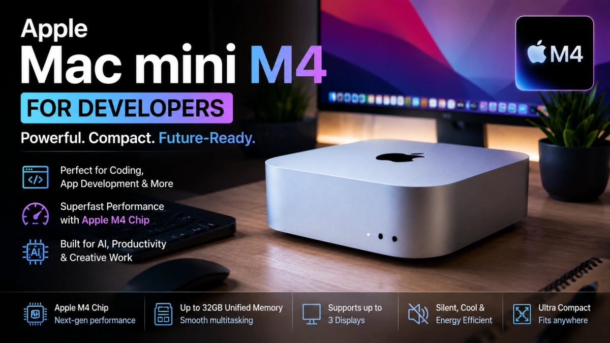 Apple Mac mini M4 on a modern workspace showing its compact design for developers, programmers, and content creators in 2026.