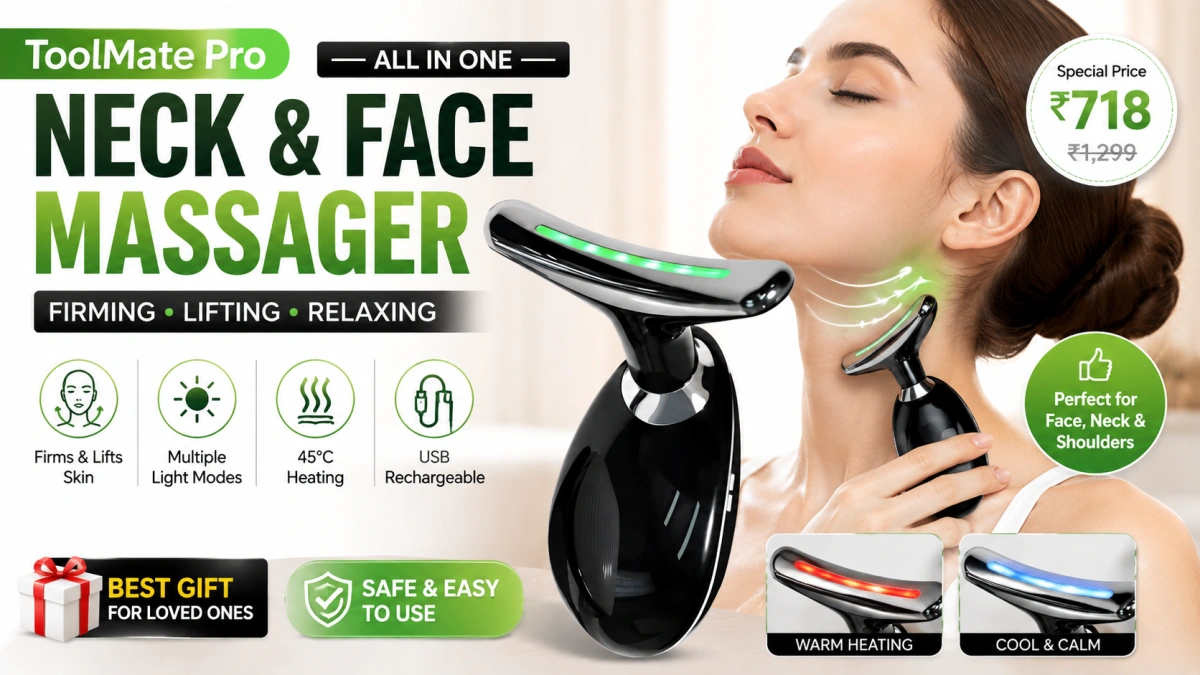 ToolMate Pro Neck Face Massager with green light shown beside a woman’s neck for facial and neck massage