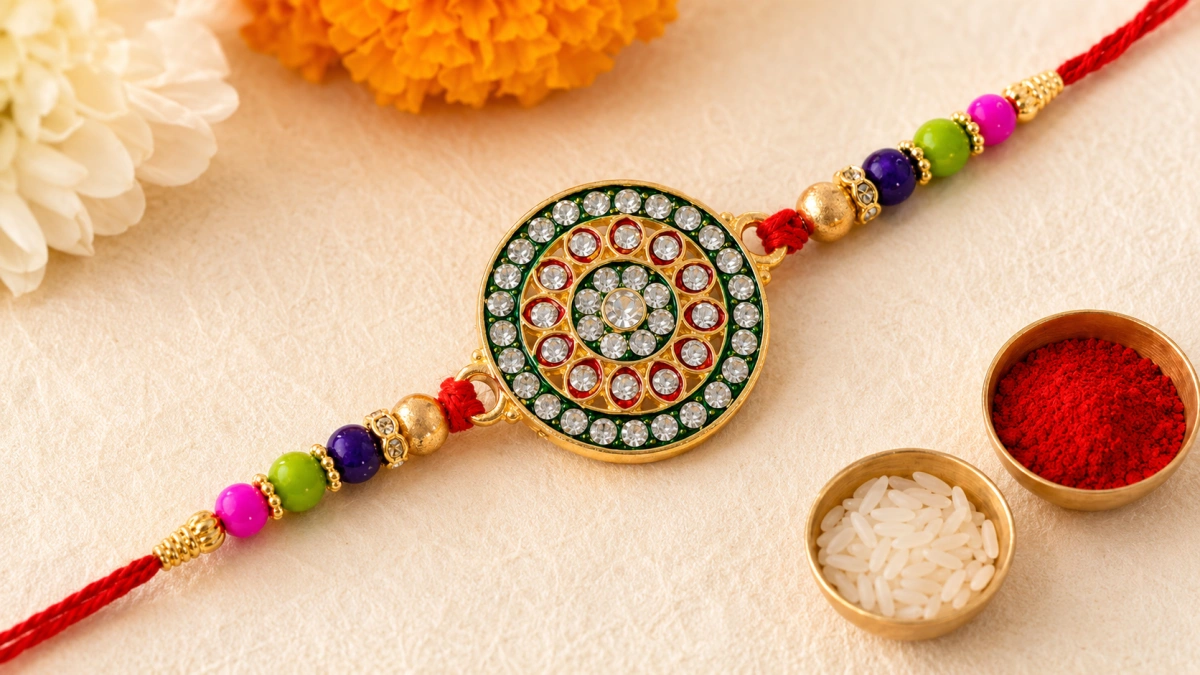 Kundan Rakhi Royal Golden Enamel Work Design for Bhai – Traditional Raksha Bandhan Rakhi Under ₹28 | Daily Interlink