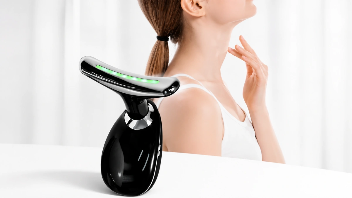 ToolMate Pro Neck Face Massager with green light shown beside a woman’s neck for facial and neck massage